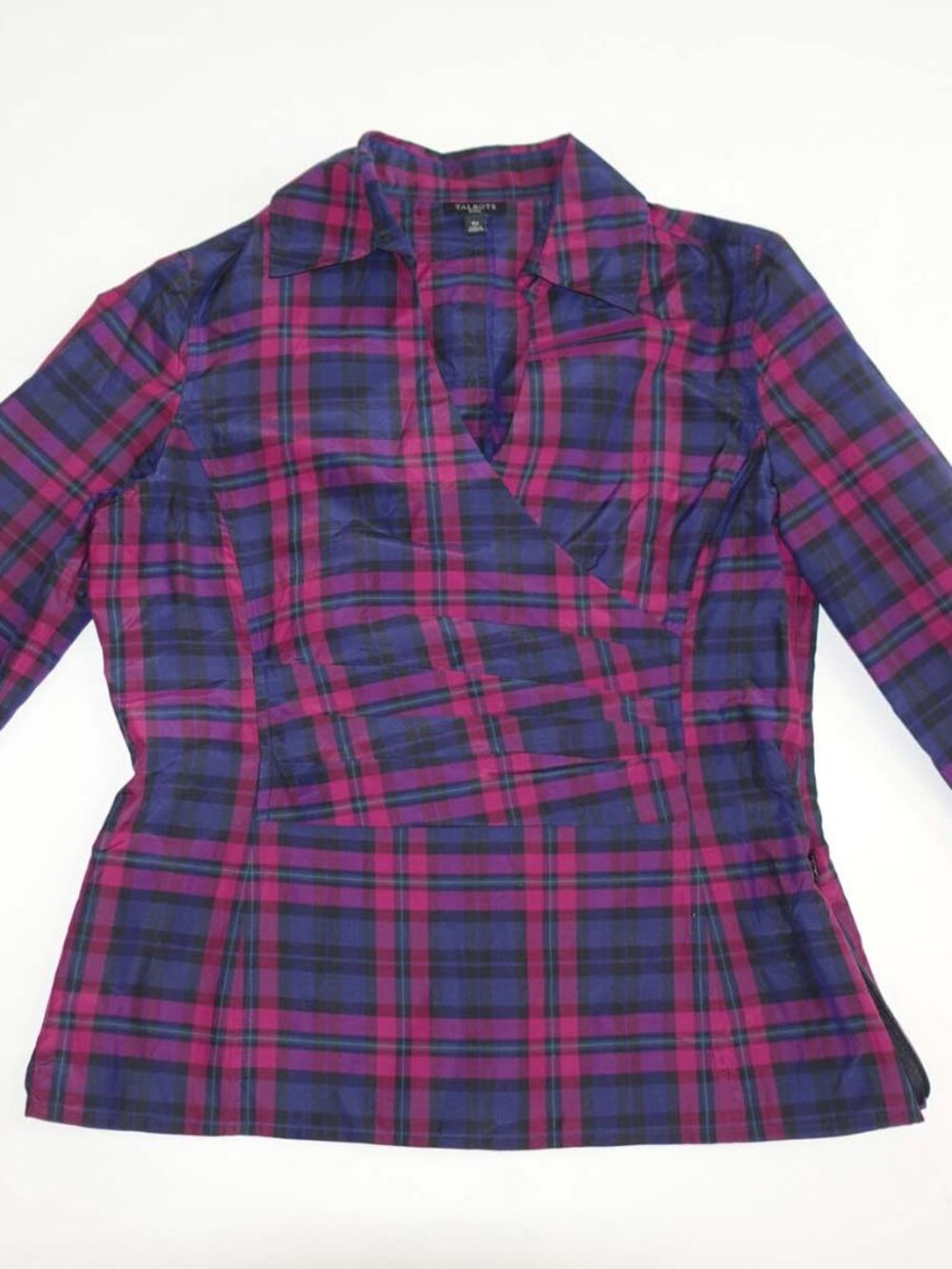 Talbots Womens Blouse Size 6 Petite Long Sleeves Navy Blue Pink Silk Blend Plaid